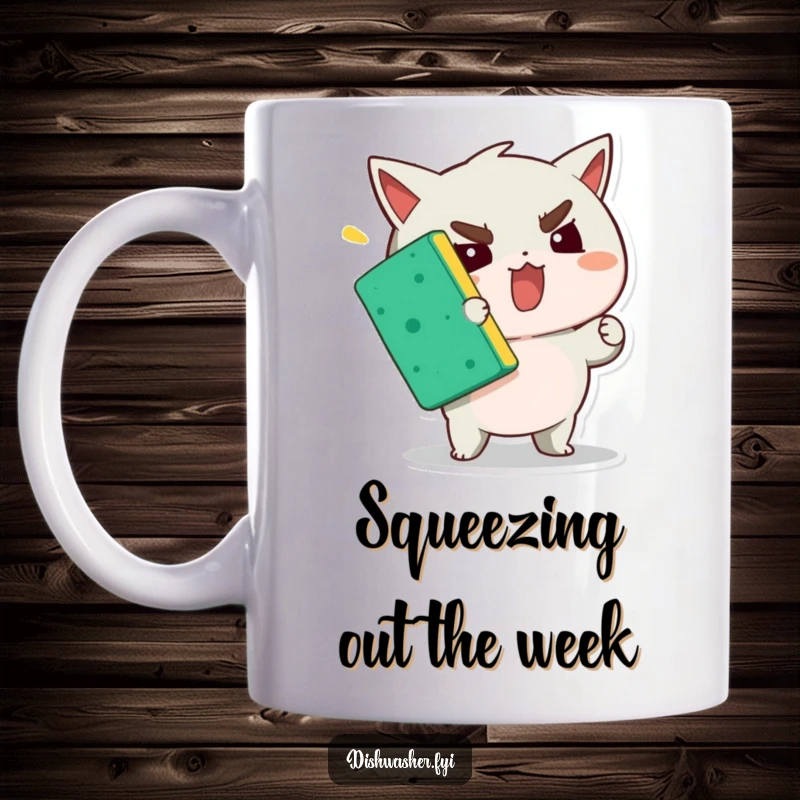 Funny mug showing a determined character straining to squeeze water from a sponge, highlighting effort and humor.