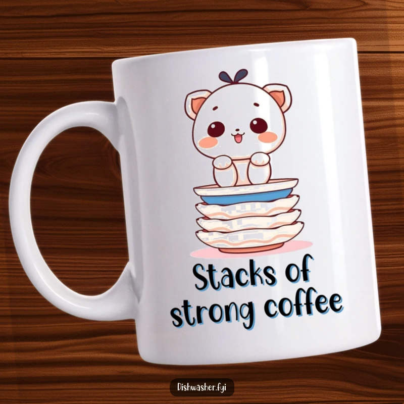 Funny mug showing a determined character cheerfully stacking clean plates with precision, celebrating order and tidiness.