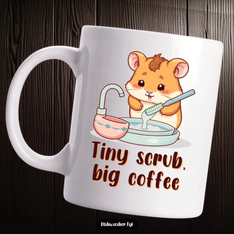 Funny mug showing a determined hamster with a tiny toothbrush trying to scrub a dirty dish, highlighting pet parent humor.