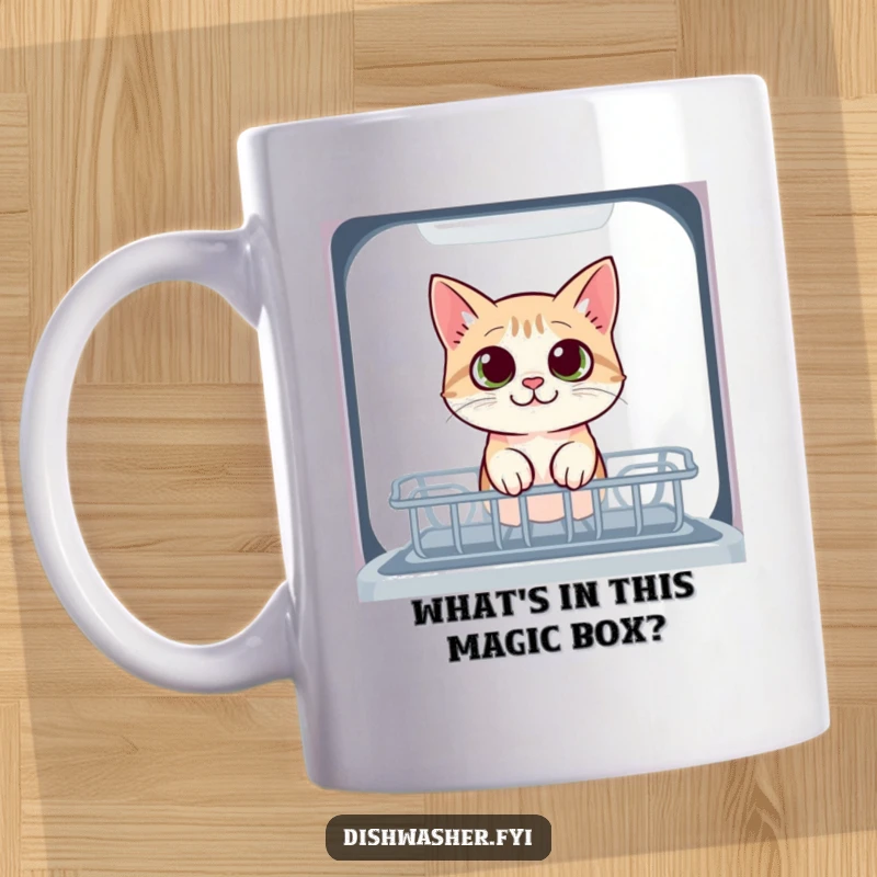 Funny cat mug featuring a curious cat peeking into the dishwasher with wide, amazed eyes, capturing a moment of feline investigation.
