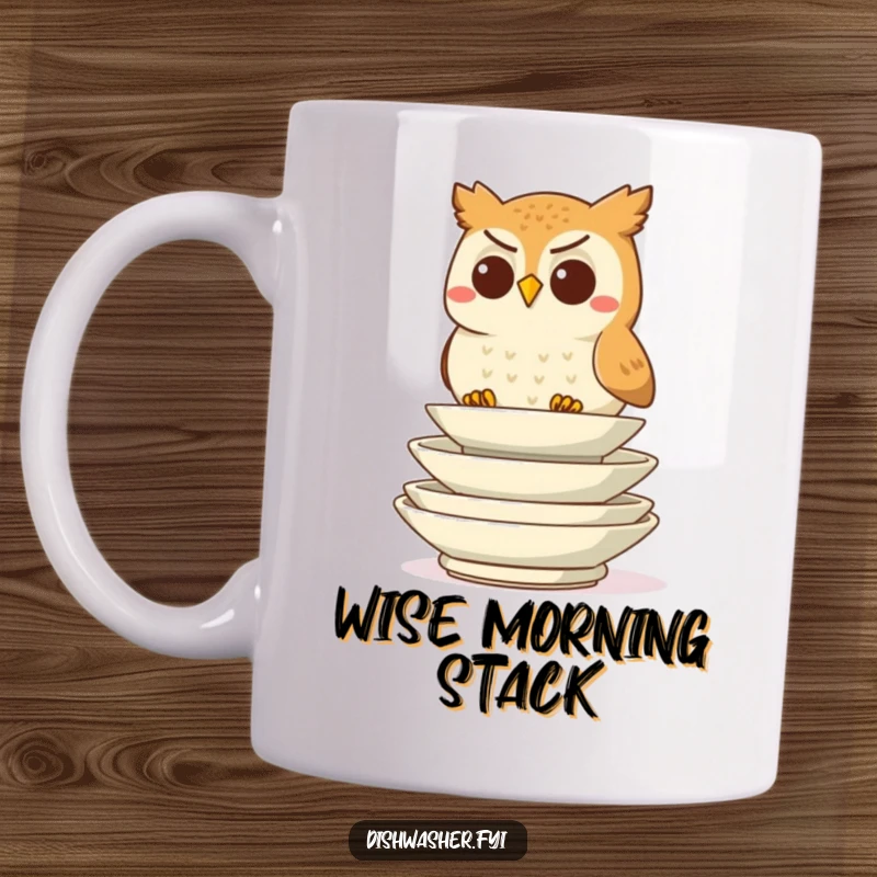 Funny determined owl character carefully stacking clean plates on a mug, embodying focus and order, perfect funny gift.