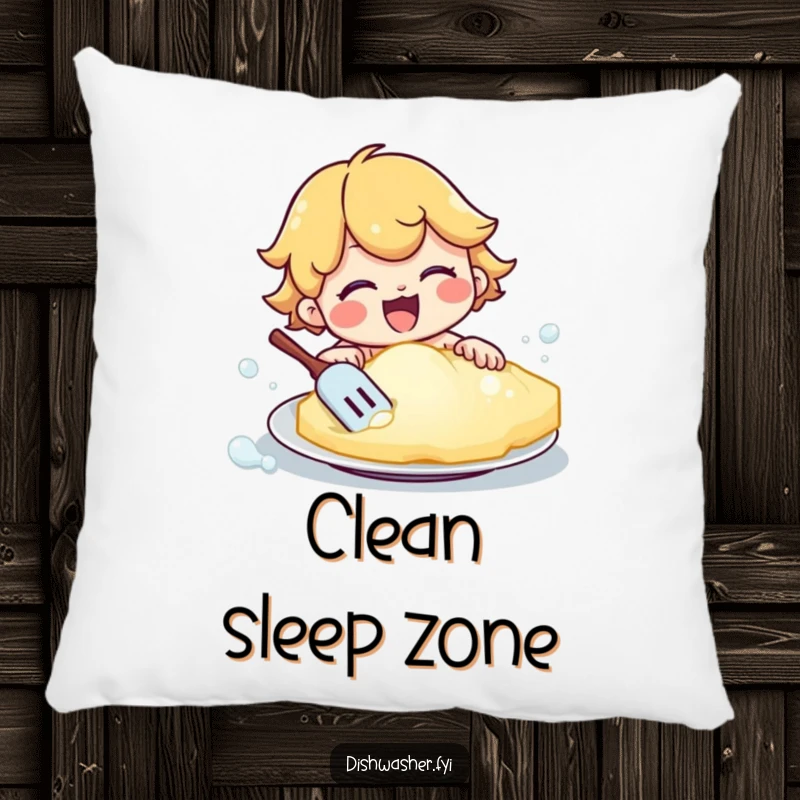 Funny pillow showcasing a happy character diligently scrubbing a plate with a giant, bubbly sponge. Adds a humorous and comforting touch to any space.