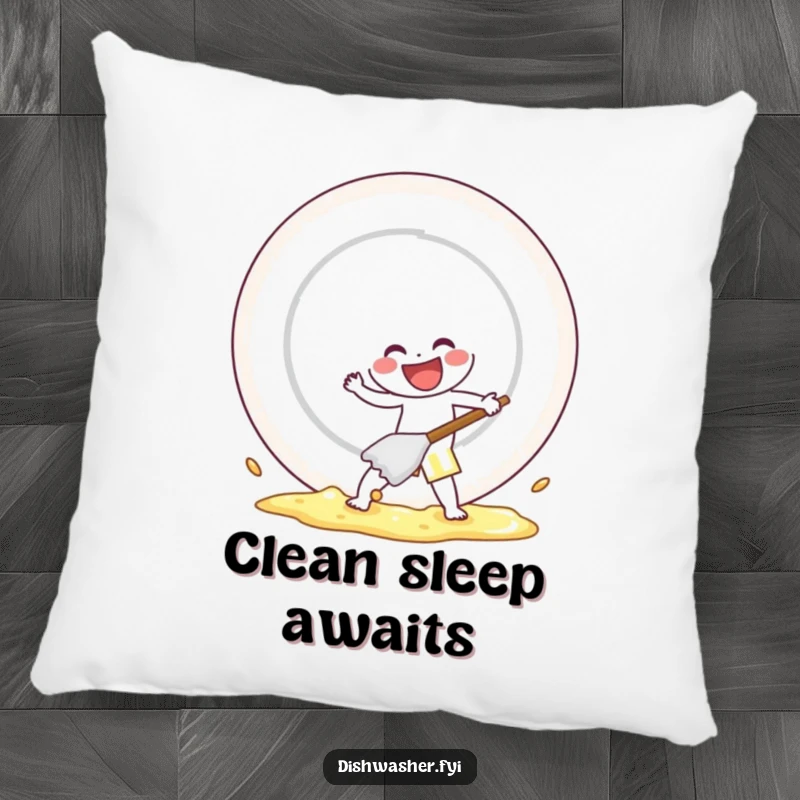 Funny pillow featuring a cheerful character scrubbing a plate with gusto, offering comfort and a humorous, clean decorative touch.