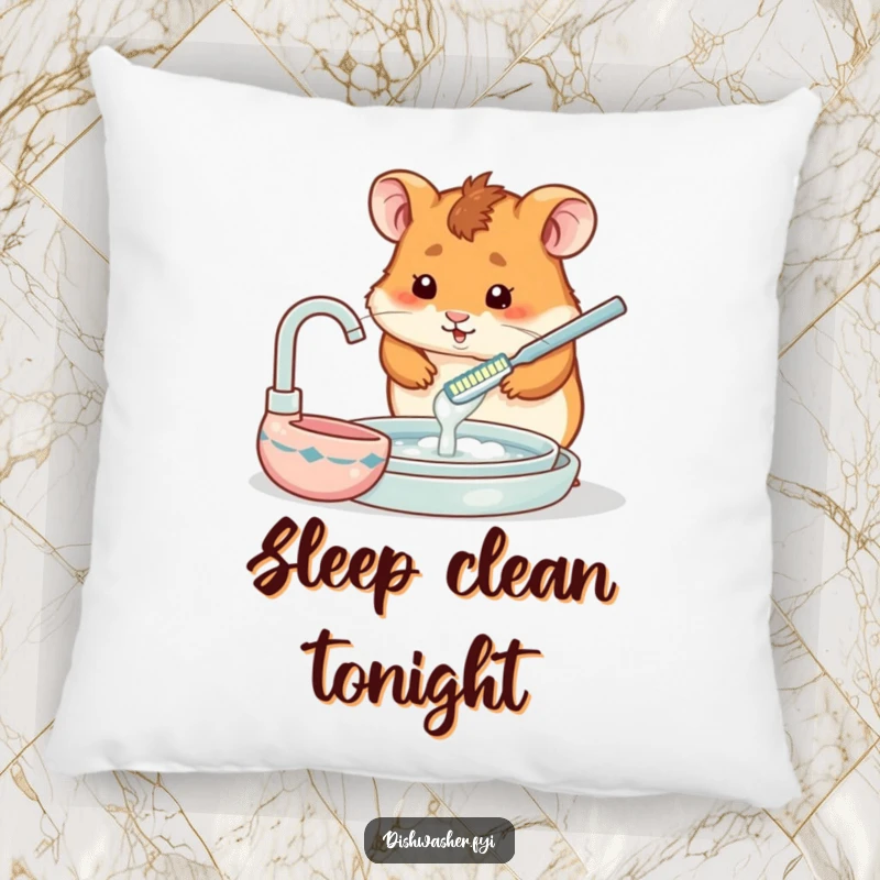 Funny, soft pillow featuring a hamster earnestly washing dishes with a tiny toothbrush, offering cozy humor and charm.