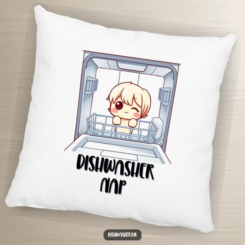 Funny Pillow: A character’s curious investigation of an empty dishwasher depicted on a comfortable pillow, adding humor and intrigue to any room.