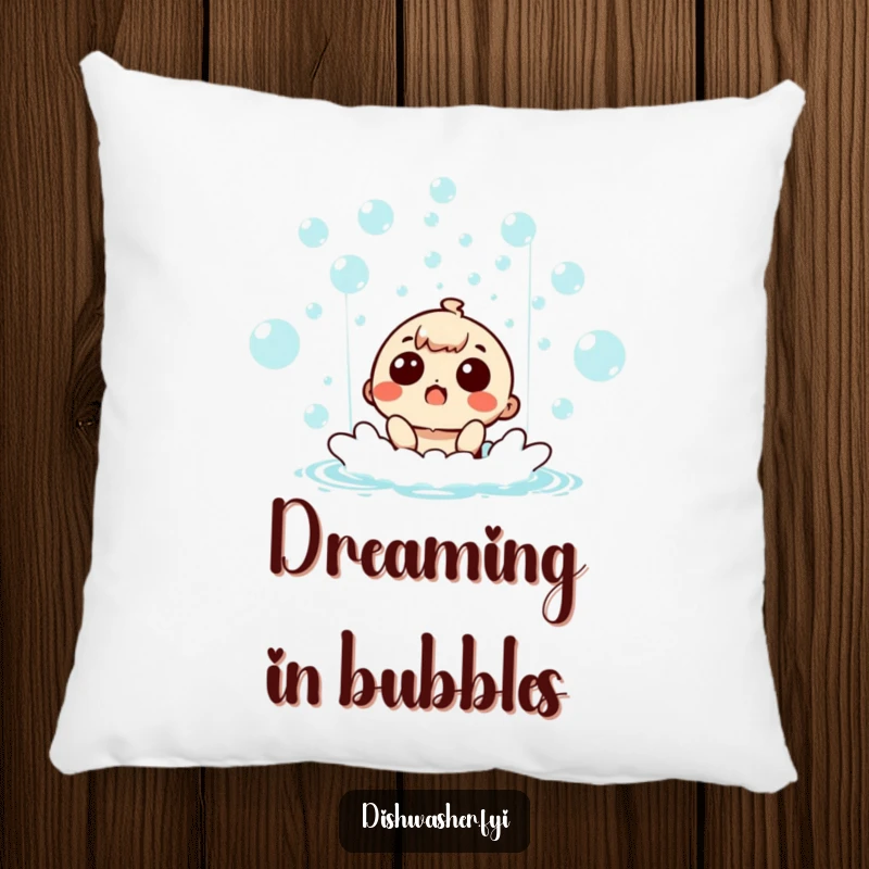 Funny surprised character relaxing in a bubbly waterfall, smiling sweetly on a soft decorative pillow.