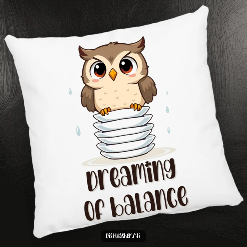 Funny, soft pillow featuring a surprised owl attempting to stack wet plates, offering cozy humor and charm.