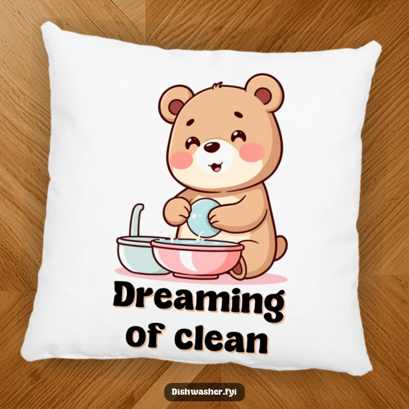 Funny bear pillow featuring a cheerful bear washing dishes with bubbles, offering soft comfort and a humorous, clean aesthetic.