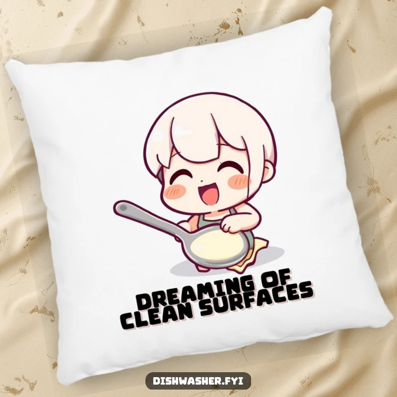 Funny polishing spoon pillow with a character polishing a spoon, perfect for adding a soft, humorous accent to sofas and beds.