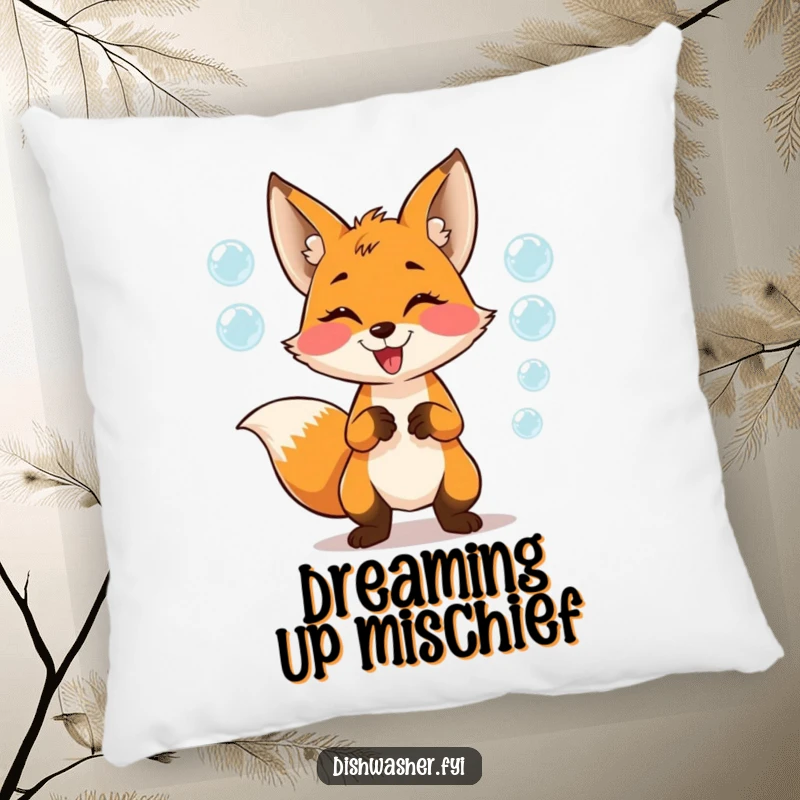 Funny Pillow featuring a cute fox juggling soap bubbles with playful glee, adding cozy humor and whimsical charm to any living space.