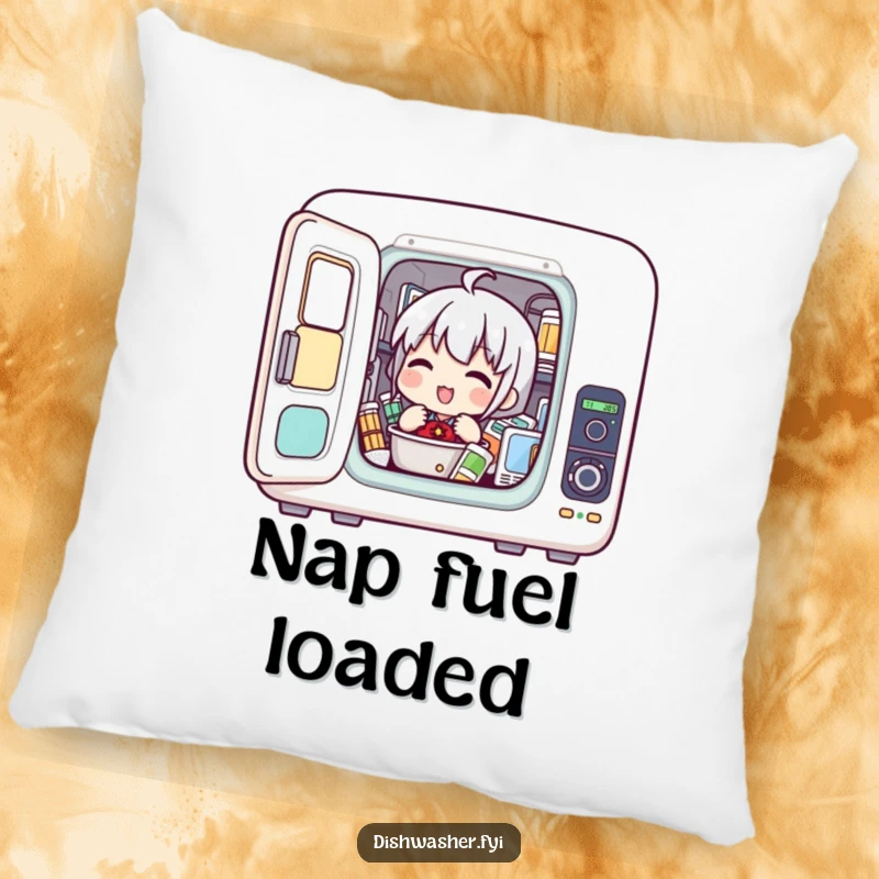 Funny pillow designed with a character enthusiastically loading items into a compact appliance, adding a humorous touch to any room.