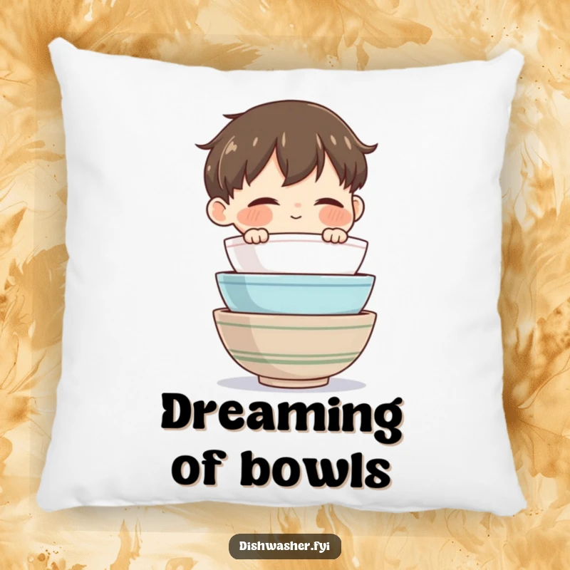 Funny Bowl Master Pillow with a contented character admiring clean bowls, offering comfort and domestic bliss humor.