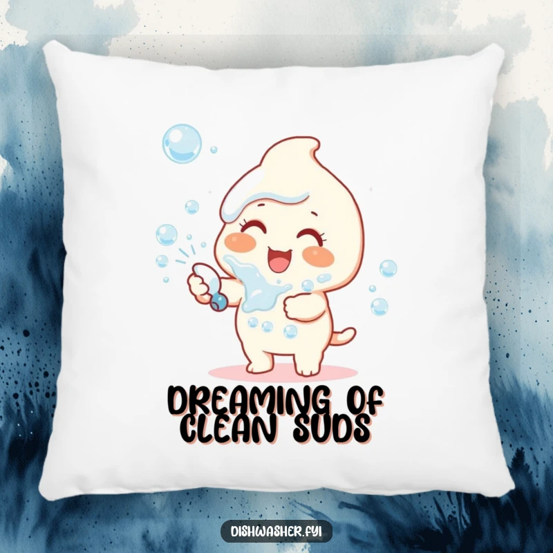 Funny pillow with a happy character joyfully spraying dish soap bubbles, creating a whimsical and comforting scene.