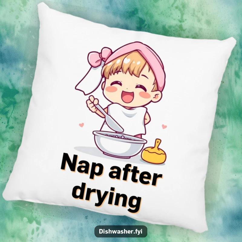 Funny pillow with a cheerful character joyfully drying dishes with a fluffy towel, adding humorous comfort to any space.