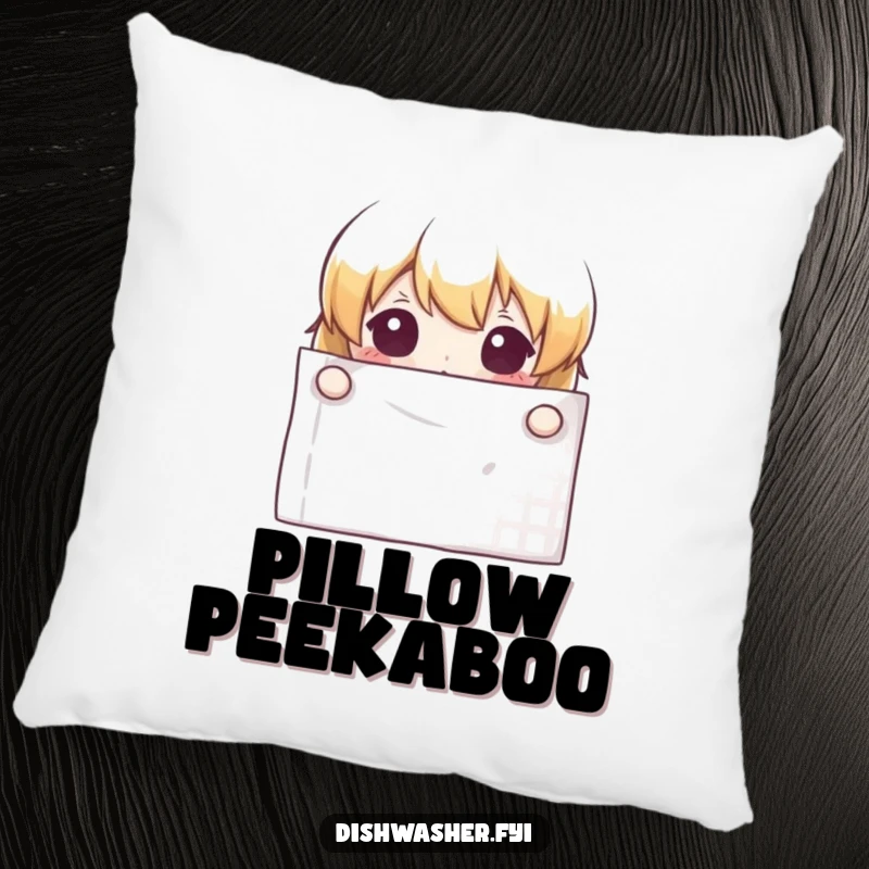 Funny curious character peeking from behind a clean napkin on a decorative pillow, bringing warmth and humor.