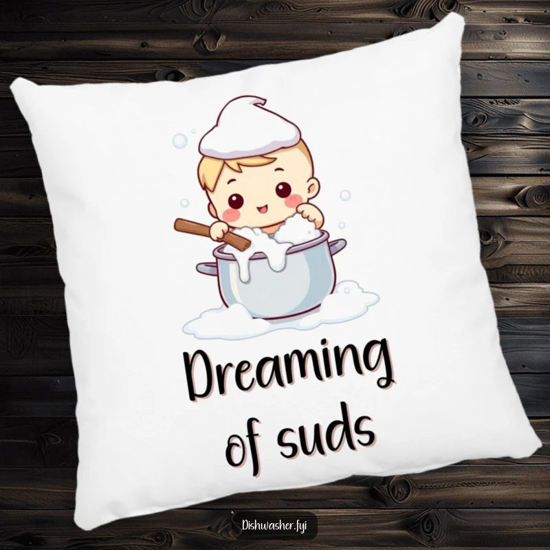 Funny pillow with a cute character joyfully scrubbing a large pot with lots of bubbly soap, adding humorous comfort to decor.