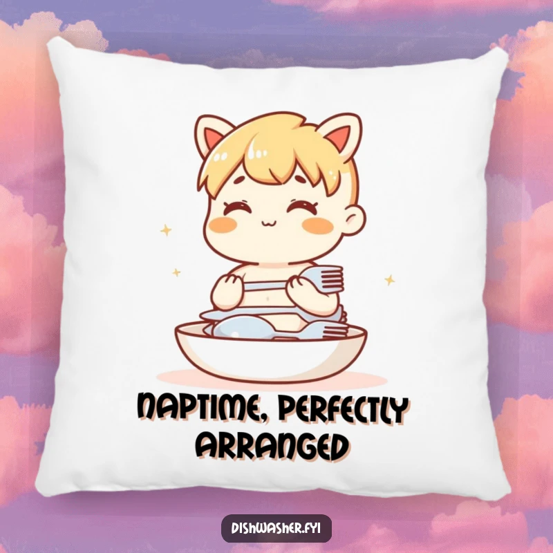 Funny pillow featuring a calm character neatly stacking clean cutlery. Soft and humorous home decor.