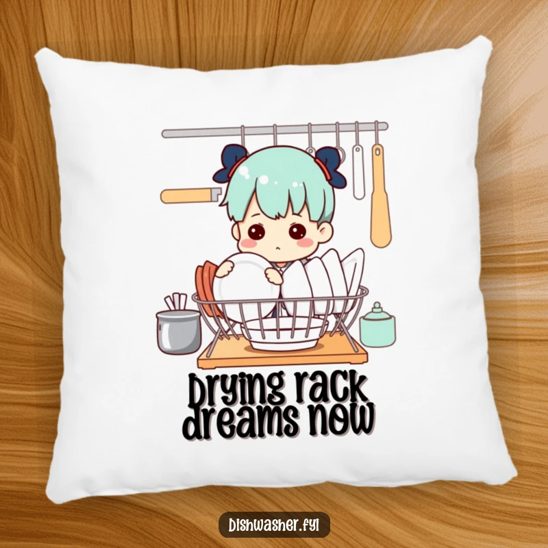 Funny pillow with a dedicated character intent on perfectly arranging dishes in their drying rack, a comical representation of tidiness.