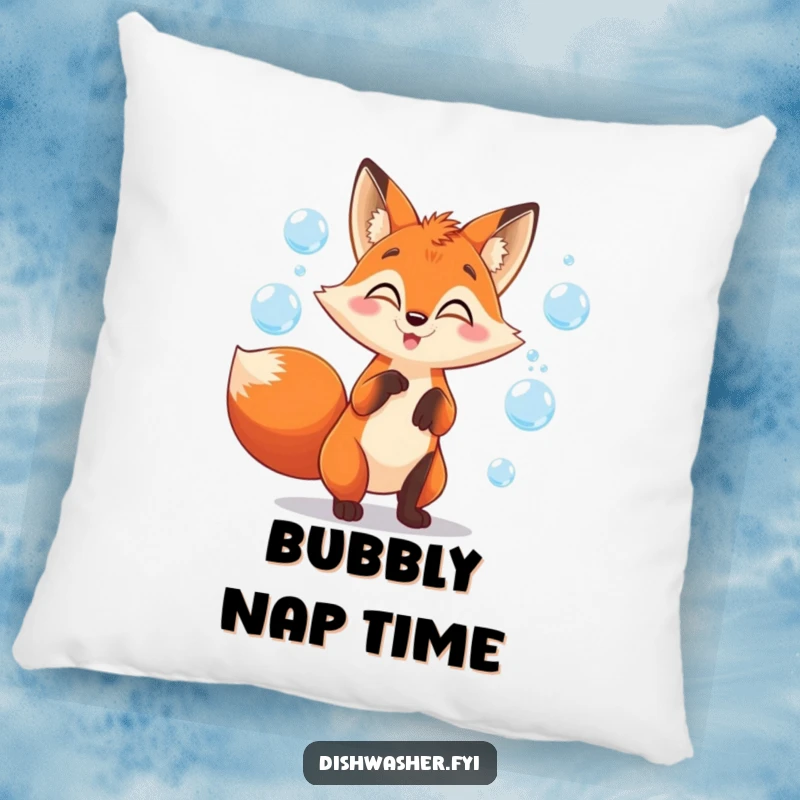 Funny fox pillow featuring a mischievous fox juggling soap bubbles with playful glee, offering soft comfort and a whimsical, charming aesthetic.