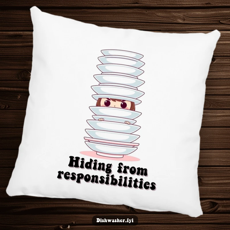 Funny hiding character pillow with a mischievous character behind clean plates, perfect for adding a soft, humorous accent to sofas and beds.