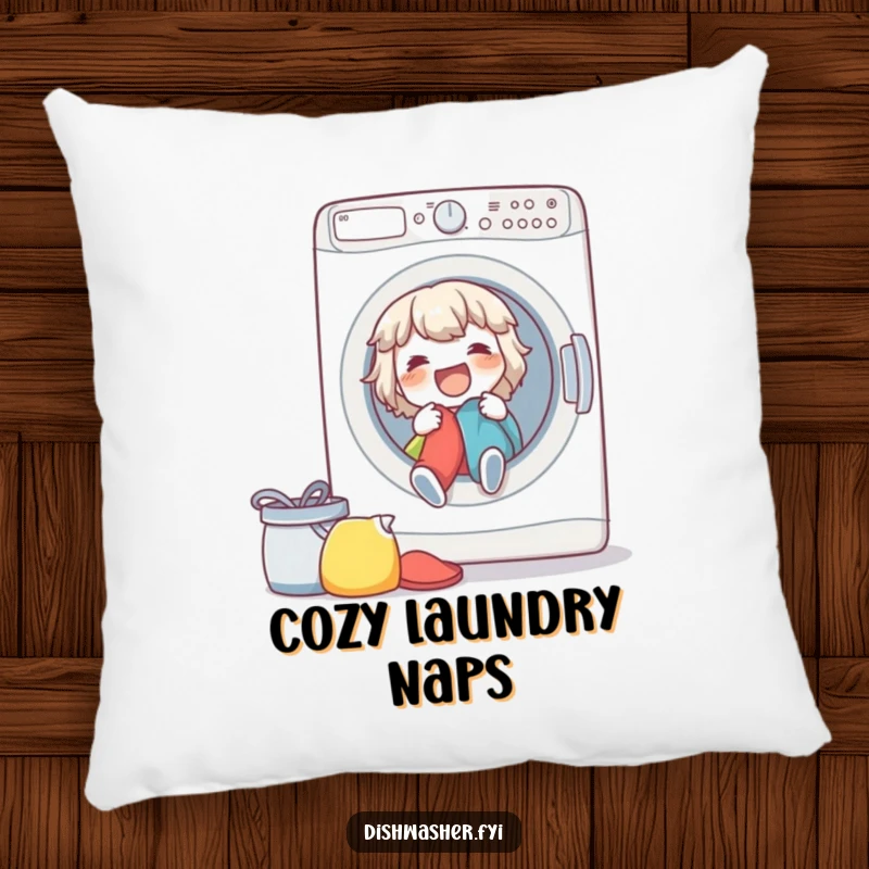 Funny spirited character happily loading a washing machine on a decorative pillow, bringing smiles to the room.
