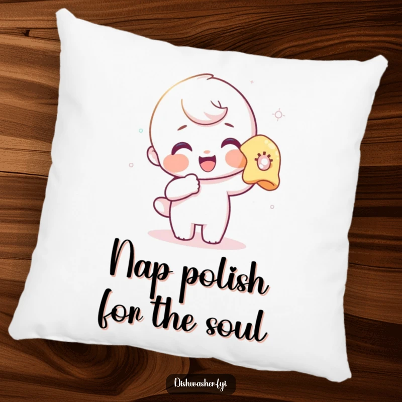 Funny pillow showing a happy character polishing a glass with a soft cloth, bringing comfort and humor to any space.