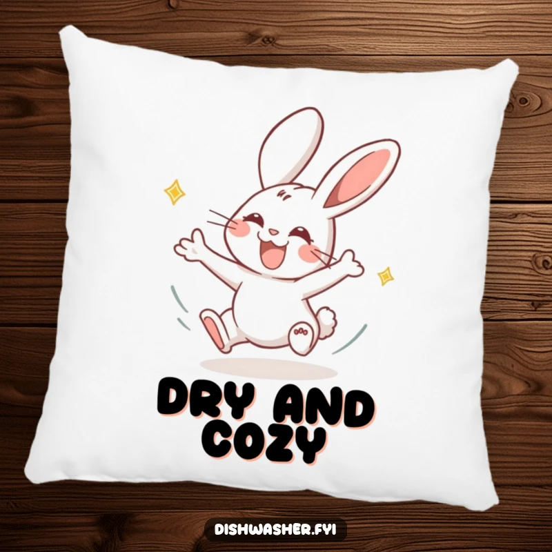 Funny rabbit pillow featuring a joyous rabbit drying plates with energetic motion, offering soft comfort and a playful, speedy charm.