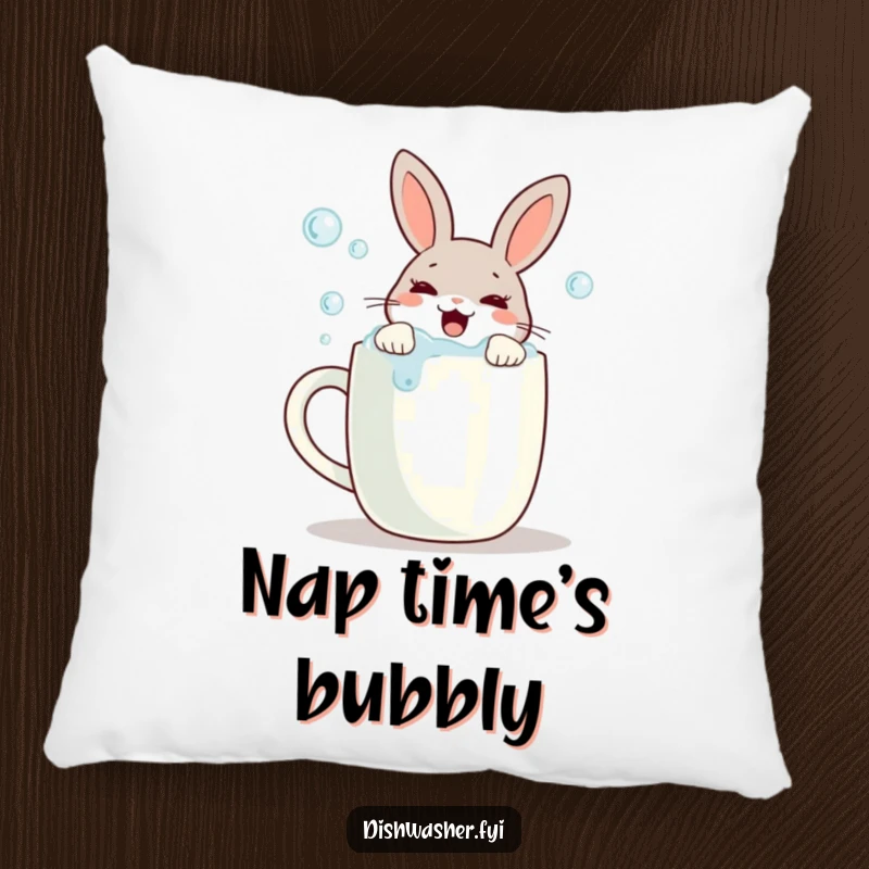 Funny throw pillow featuring a joyful rabbit scrubbing bubbles off a mug, perfect for adding comfort and a humorous, tidy accent to decor.