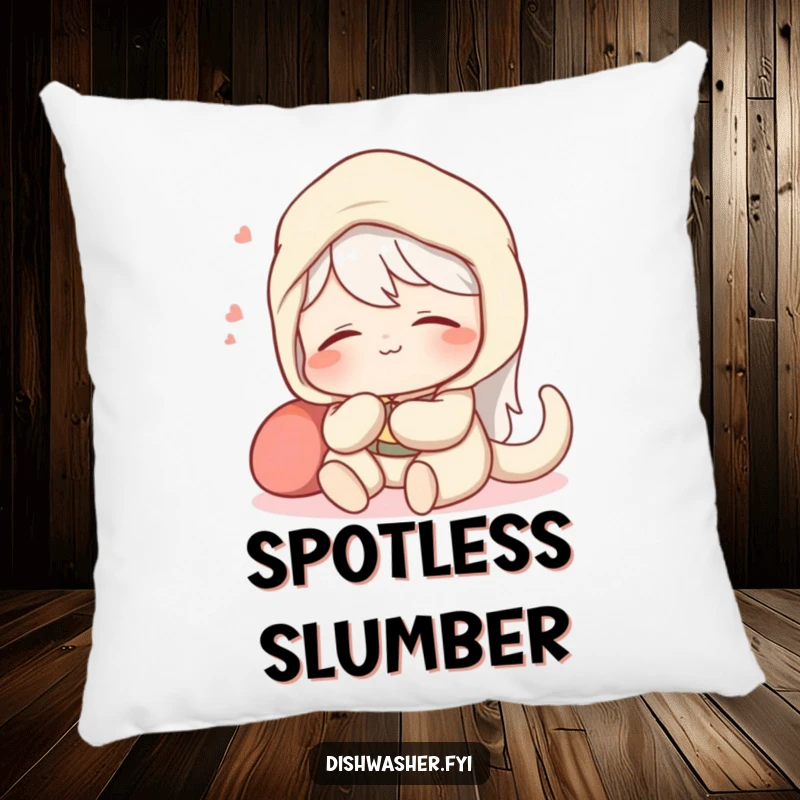 Funny pillow with a content character relaxing happily with a satisfied sigh after a perfectly spotless job, for comfort.