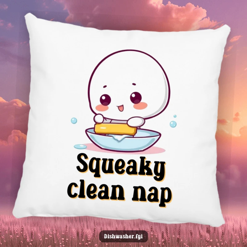 Funny pillow with a playful character using a squeegee to make a dish gleam, adding comfort and humorous shine.