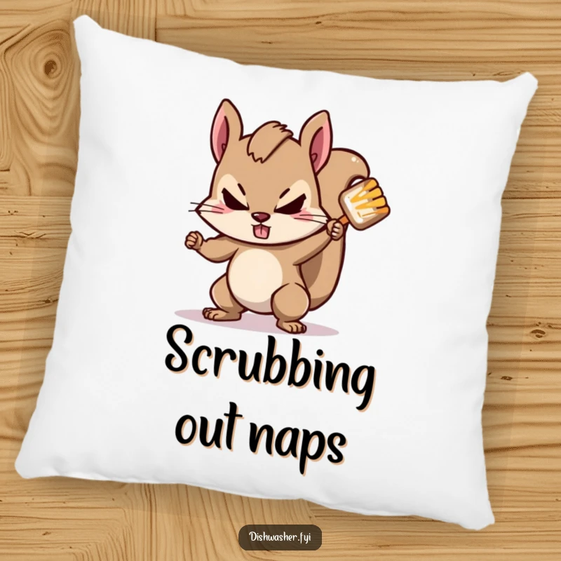 Funny squirrel pillow featuring a determined squirrel scrubbing a stubborn spot with gusto, offering soft comfort and a motivational, charming aesthetic.
