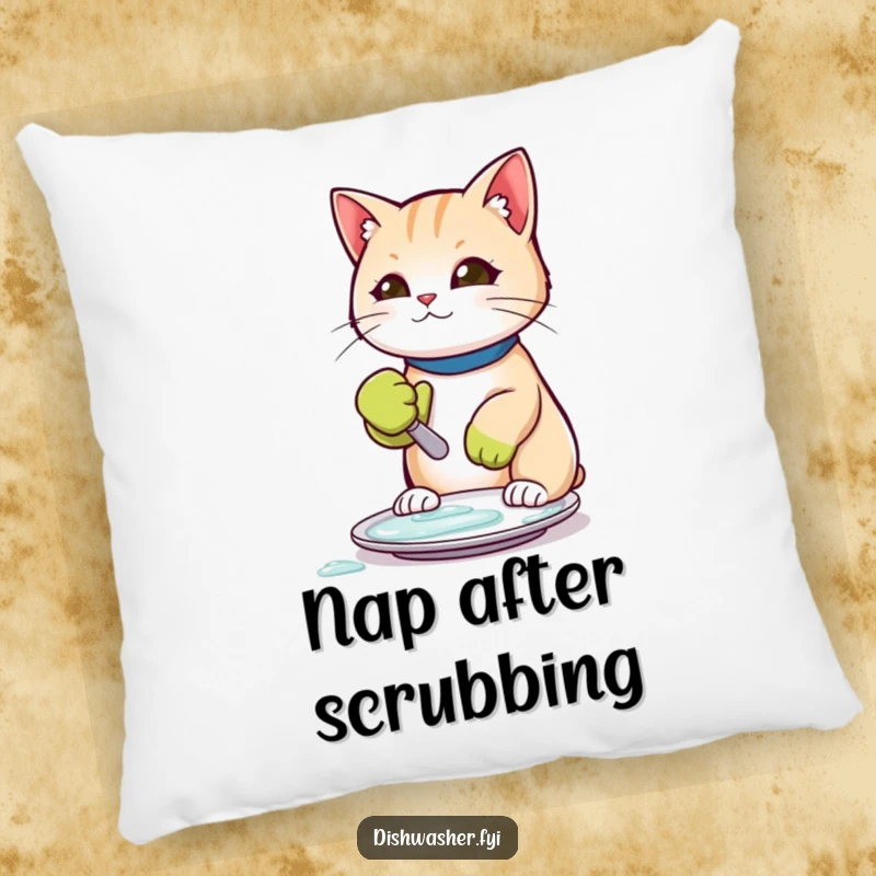 Funny pillow showcasing a charming cat wearing a rubber glove and scrubbing a plate, offering humorous comfort.