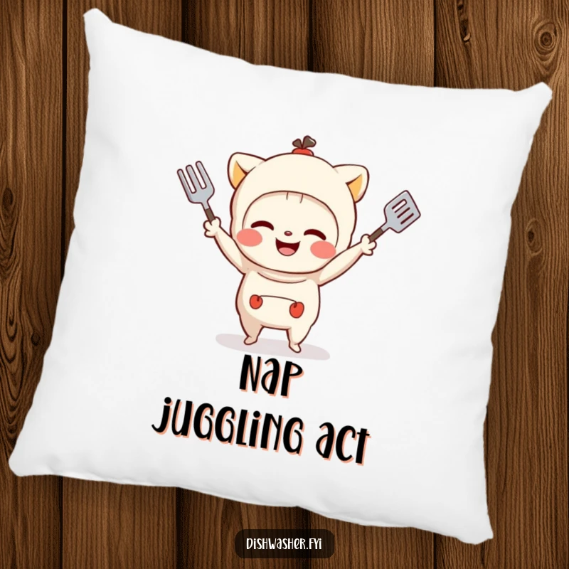 Funny pillow featuring a mischievous character grinning while juggling kitchen utensils, adding a touch of playful comfort.