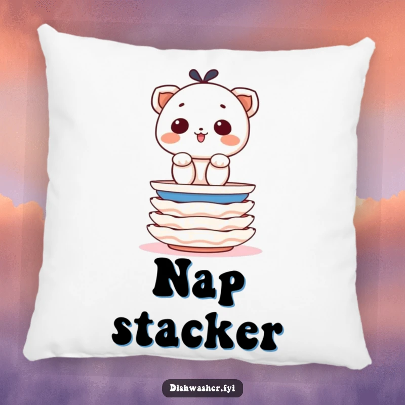 Funny pillow showcasing a determined character stacking clean plates with cheerful precision, offering comfort and a humorous touch of order.