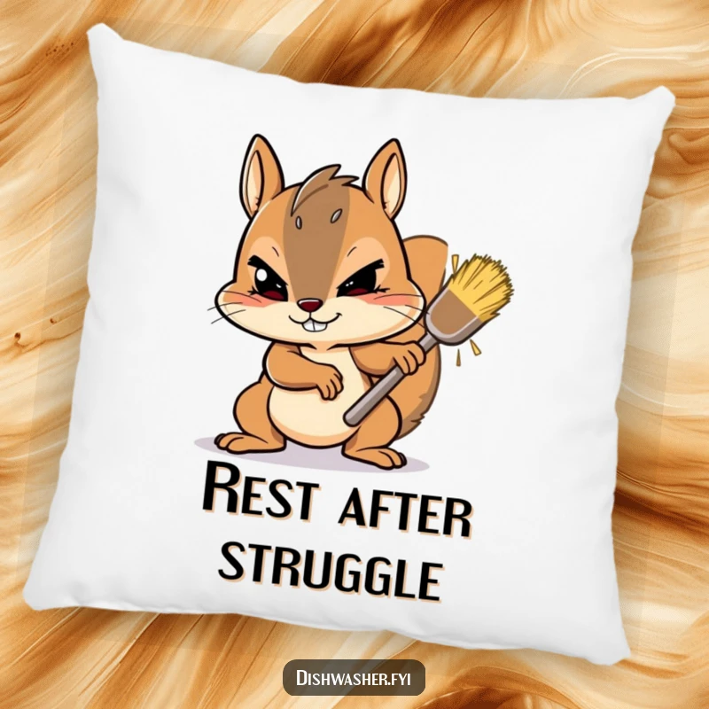 Funny Pillow featuring a cute, determined squirrel scrubbing a stubborn spot with gusto, adding cozy humor and resolute charm to any living space.