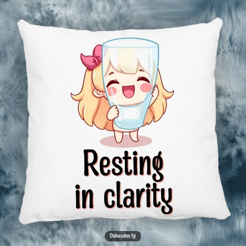 Funny pillow featuring a happy character proudly showing off a pristine, spotless glass. Soft and humorous home decor.