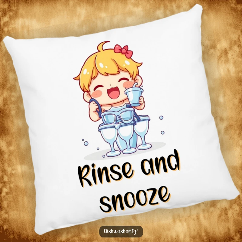 Funny pillow with a delighted character joyfully rinsing a stack of glasses, adding humorous comfort to any space.