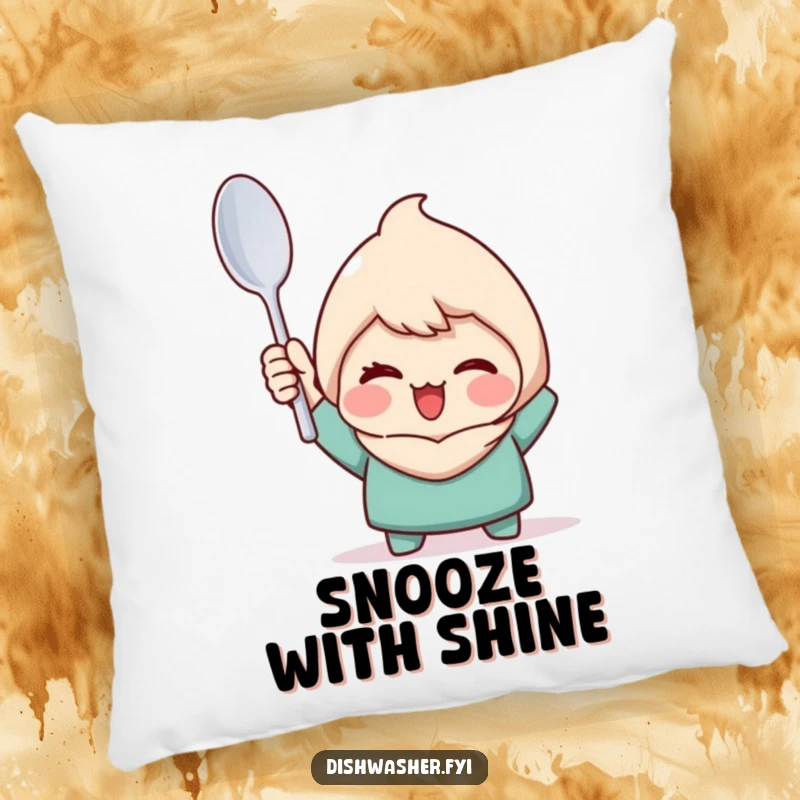 Funny pillow featuring a character triumphantly holding a perfectly clean spoon with a wink, adding a touch of proud comfort.