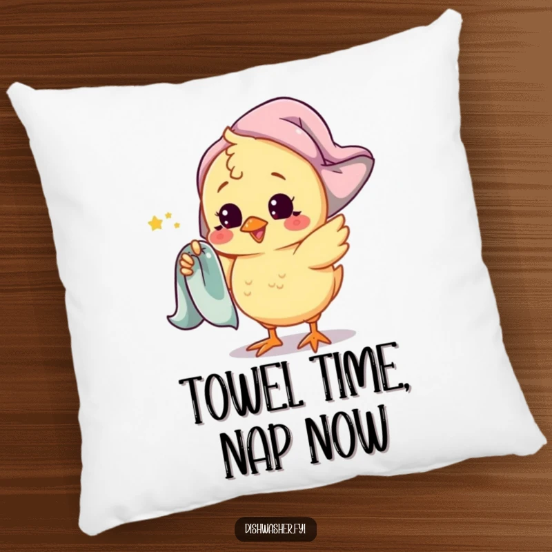 Funny chick pillow with a playful chick character spinning a drying towel around its finger, offering comfort and cute, humorous charm.