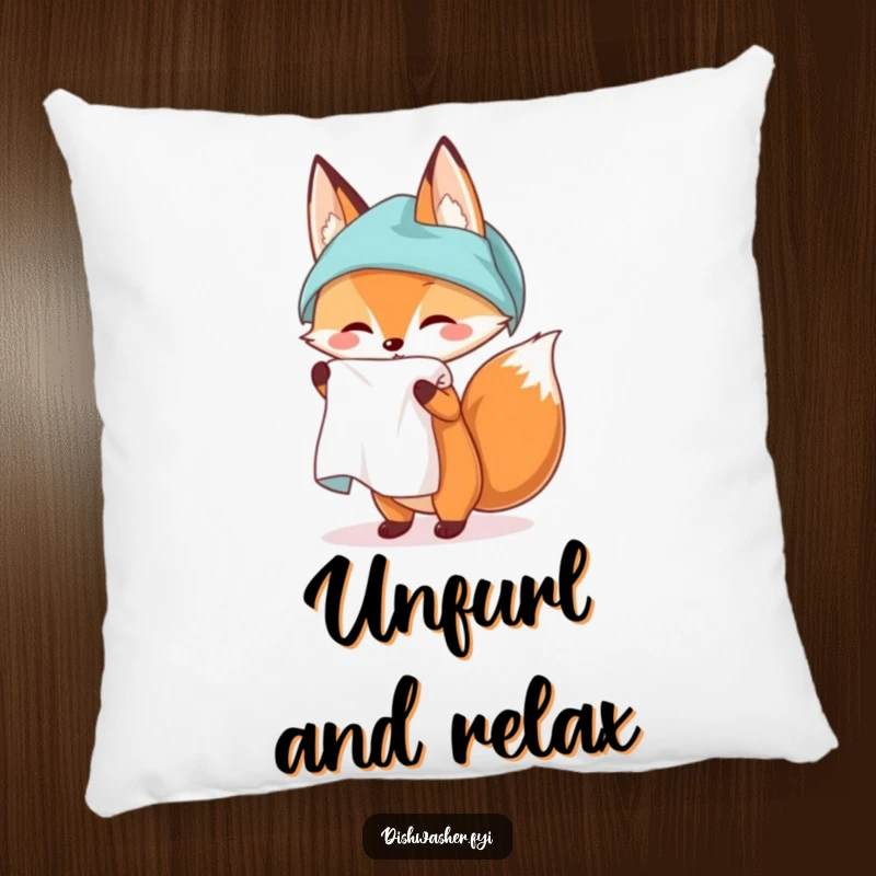 Funny pillow decor showcasing a fox character unfurling a spotless kitchen towel, adding a whimsical and humorous touch to comfort.