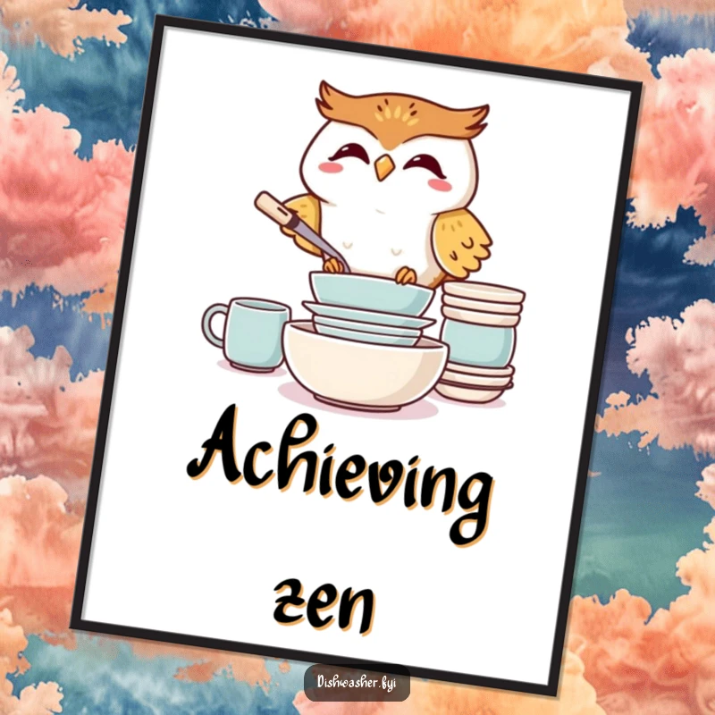 Funny Giggling Owl Digital Art Print, depicting a joyful owl meticulously stacking clean dishes, offering instant humorous decor.