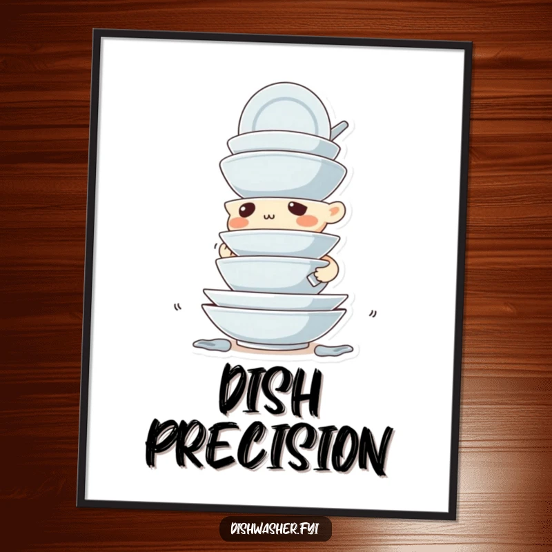 Funny digital art print of a determined character stacking dirty dishes with extreme precision, perfect for wall decor.