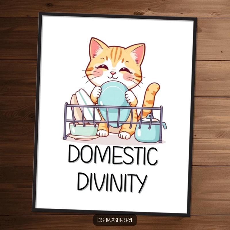 Funny cat digital art print, showing a cute cat organizing clean dishes in a rack, a humorous and easily printable decor piece.