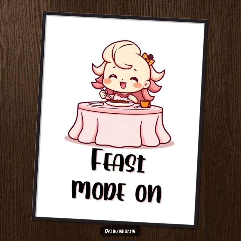 Funny beaming character with artistic flair setting a dining table for a feast on a digital art print.