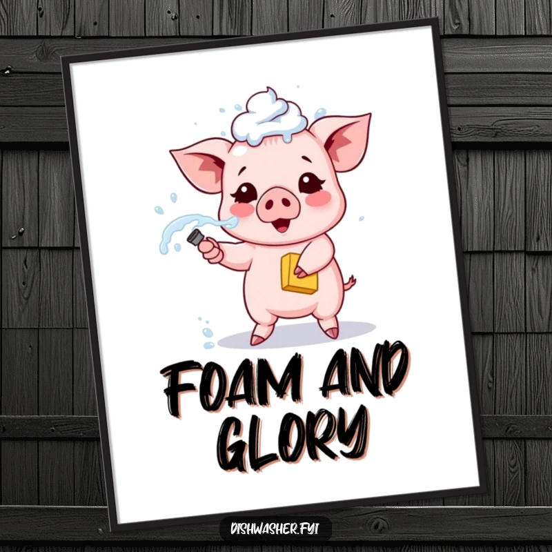 Funny piglet digital art print, depicting a cute piglet spraying soapy water from a sponge, humorous and printable decor.