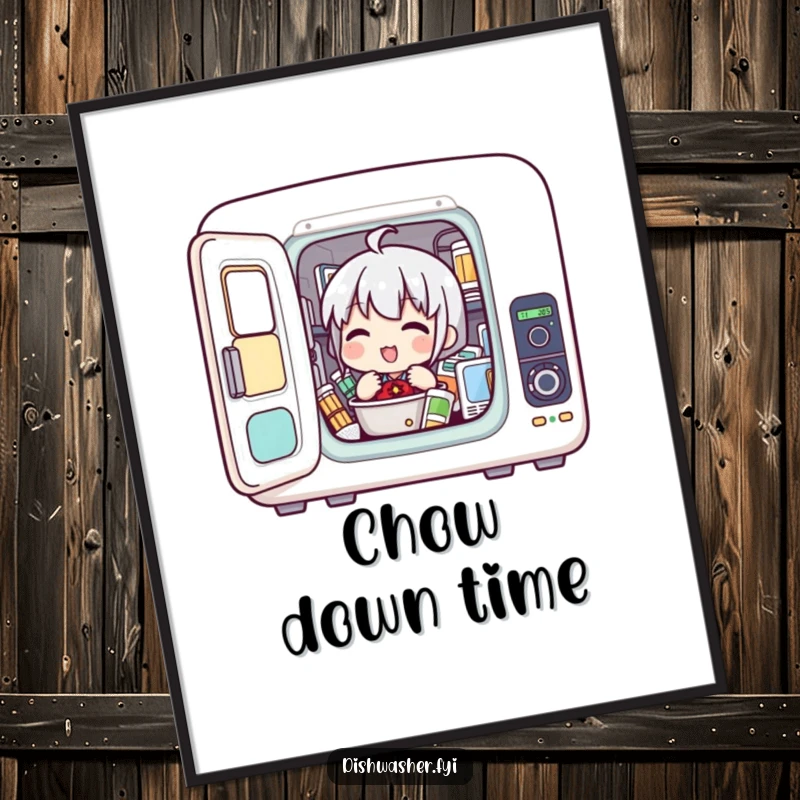 Funny digital art of a character enthusiastically loading items into a compact appliance, ideal for tech-themed digital decor.