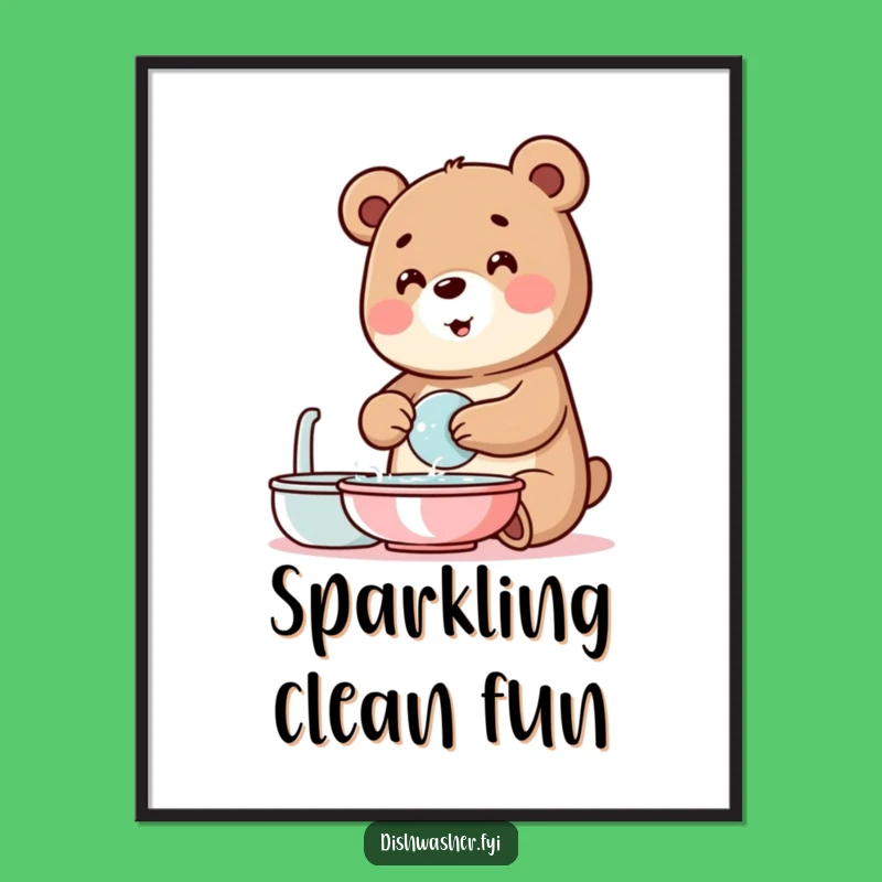 Funny Bear Washing Dishes Digital Art: Instant Bubbly Cheer for Your Walls!