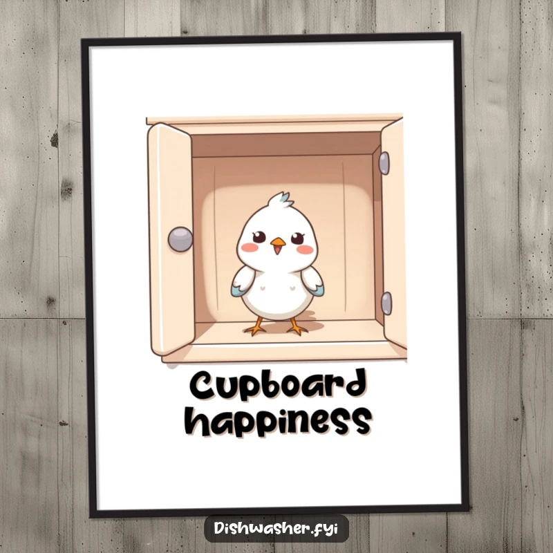 Funny digital art print of a happy bird peeking from a clean cupboard, representing cheerful tidiness and whimsical humor.