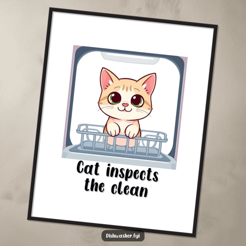 Funny cat digital art print featuring a curious cat peeking into the dishwasher with wide eyes, ideal for instant humorous decor.