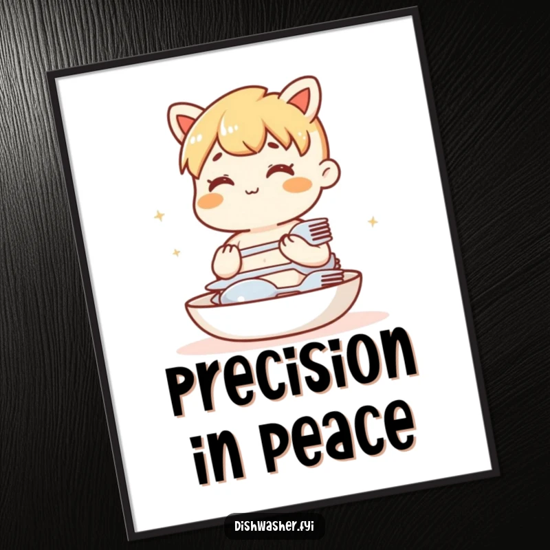 Funny digital art print of a content character neatly stacking clean cutlery. Printable kitchen wall decor.